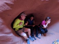 44sw  In an underground acoustic chamber, tourists beat their chests to hear the magnified reverberation. Bruce really gets into it and breaks up our Navaho guide and another visitor.