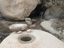 5grind stone We hiked in the western portion of the Park, land that was home to the Serrano and Cahuilla tribes. They were peaceful hunter/gatherers who ground mesquite nuts...